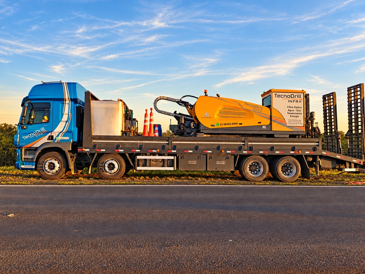Caminhão Tecnodrill com perfuratriz e equipamentos de apoio junto à rodovia